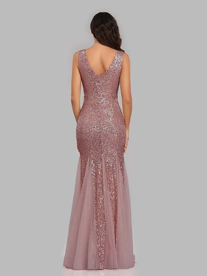 Sequined Floor-Length V-Neck Sleeveless Mermaid Cocktail Dress