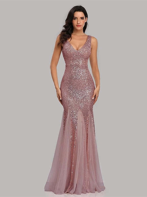 Sequined Floor-Length V-Neck Sleeveless Mermaid Cocktail Dress