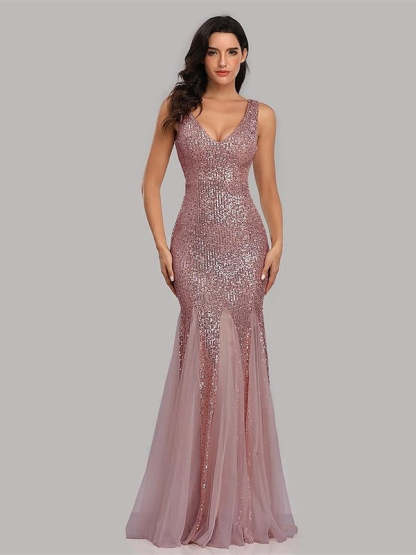 Sequined Floor-Length V-Neck Sleeveless Mermaid Cocktail Dress