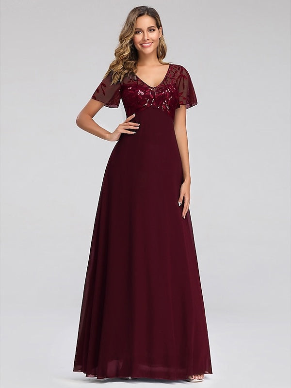 V-Neck A-Line Princess Cocktail Dress with Short Sleeves Floor-Length Sequins & Appliques
