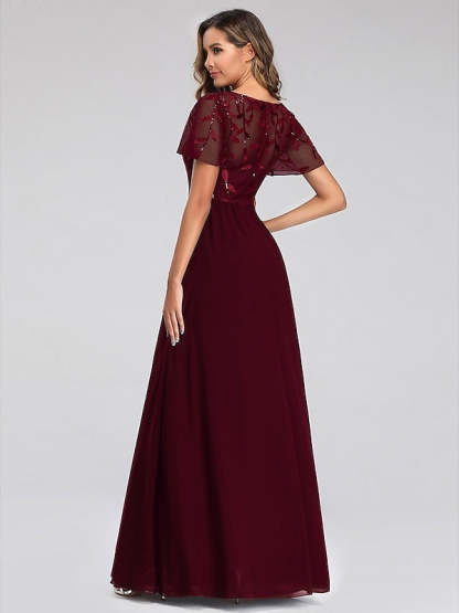 V-Neck A-Line Princess Cocktail Dress with Short Sleeves Floor-Length Sequins & Appliques