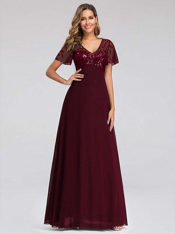 V-Neck A-Line Princess Cocktail Dress with Short Sleeves Floor-Length Sequins & Appliques