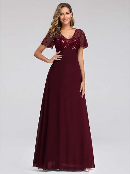 V-Neck A-Line Princess Cocktail Dress with Short Sleeves Floor-Length Sequins & Appliques