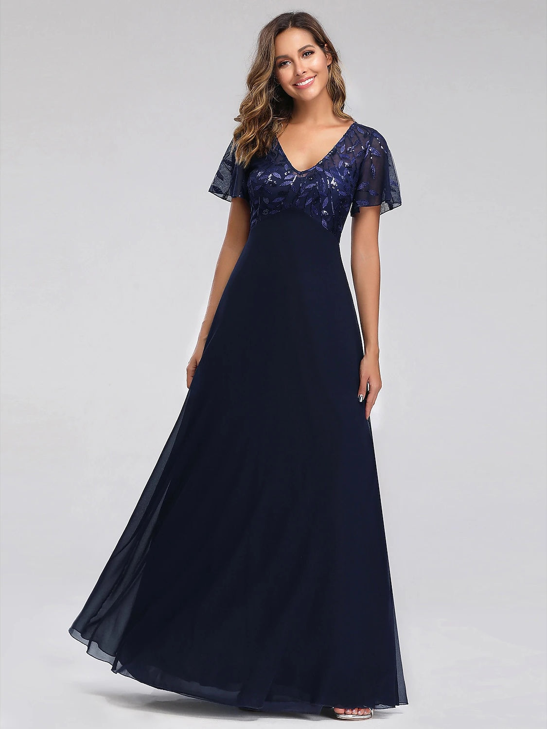 V-Neck A-Line Princess Cocktail Dress with Short Sleeves Floor-Length Sequins & Appliques