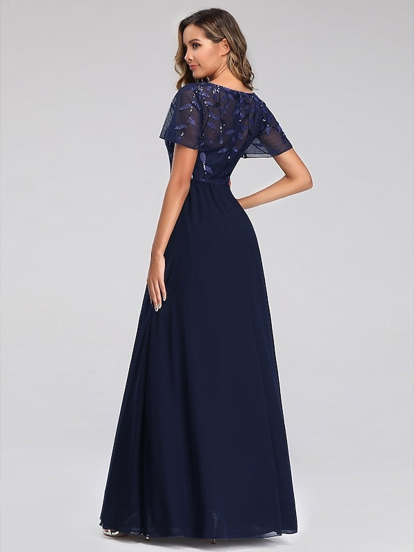 V-Neck A-Line Princess Cocktail Dress with Short Sleeves Floor-Length Sequins & Appliques