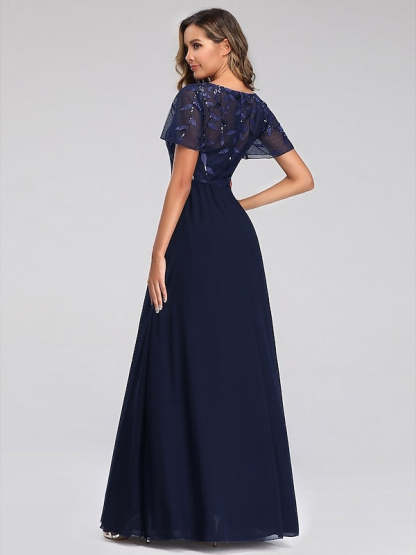 V-Neck A-Line Princess Cocktail Dress with Short Sleeves Floor-Length Sequins & Appliques