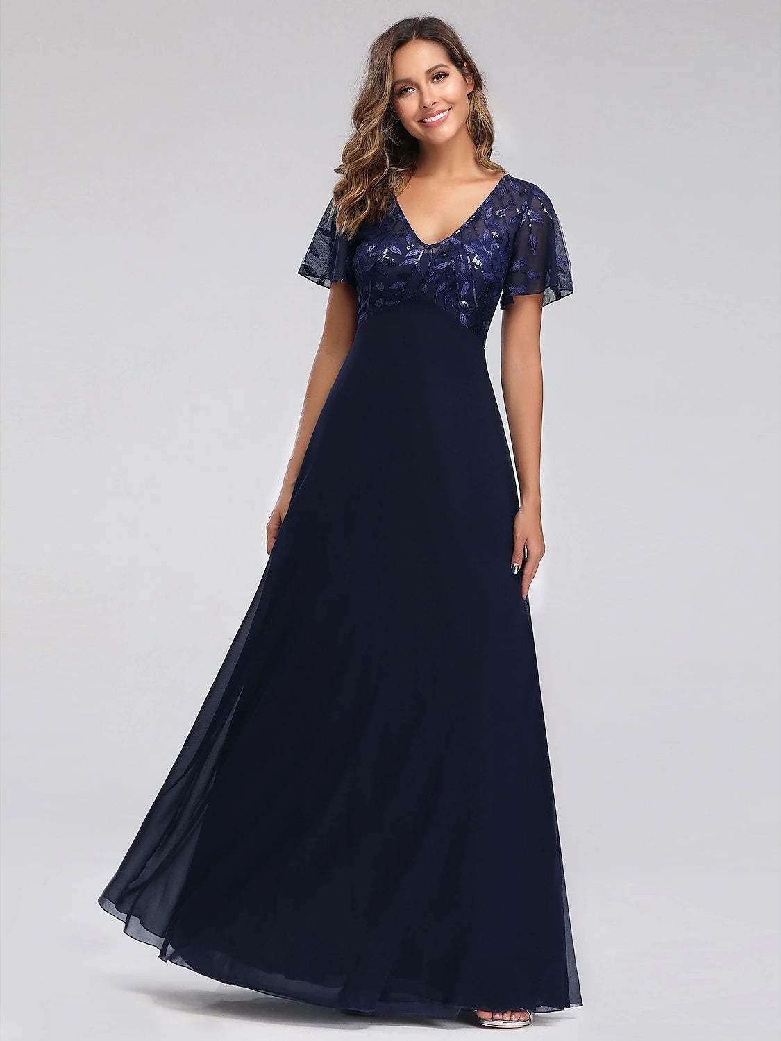 V-Neck A-Line Princess Cocktail Dress with Short Sleeves Floor-Length Sequins & Appliques