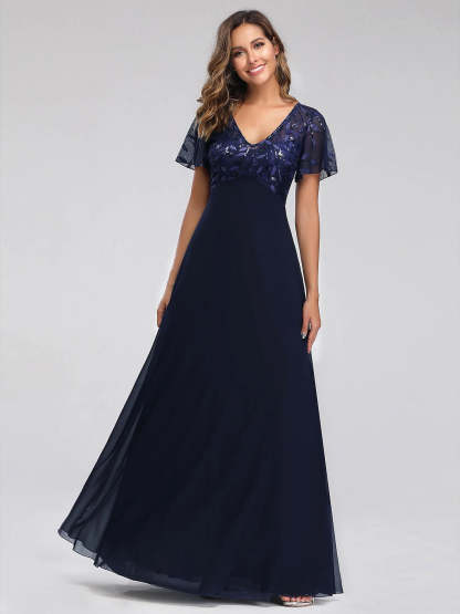 V-Neck A-Line Princess Cocktail Dress with Short Sleeves Floor-Length Sequins & Appliques