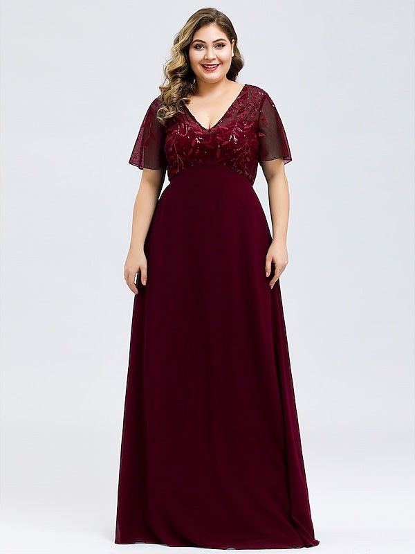 V-Neck A-Line Princess Cocktail Dress with Short Sleeves Floor-Length Sequins & Appliques