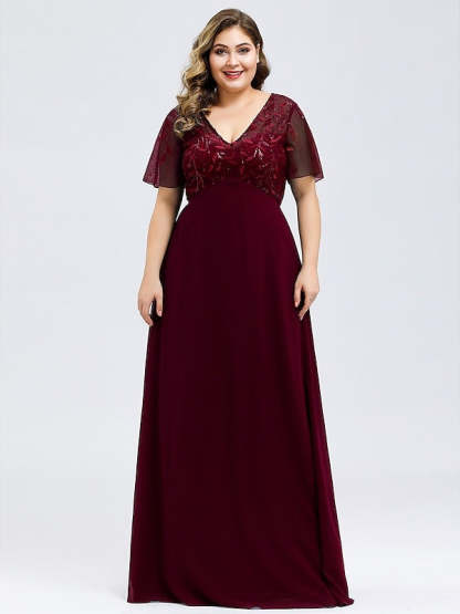 V-Neck A-Line Princess Cocktail Dress with Short Sleeves Floor-Length Sequins & Appliques