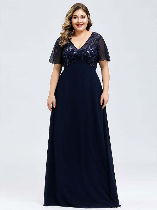 V-Neck A-Line Princess Cocktail Dress with Short Sleeves Floor-Length Sequins & Appliques