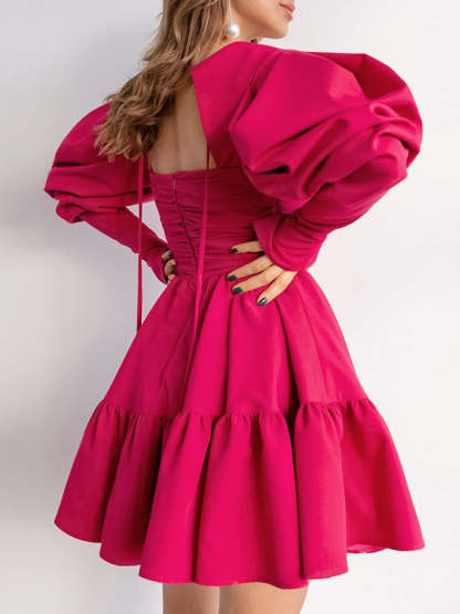 Square Neck Princess A-Line Mini Dress with Long Sleeves for Party or Homecoming