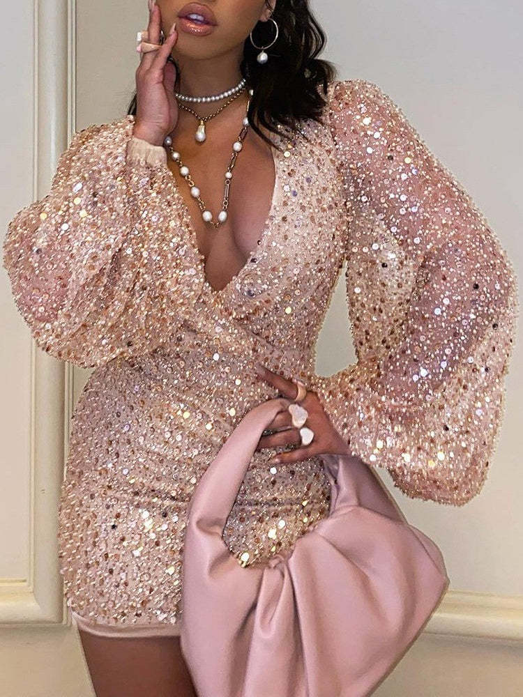 V-Neck Princess A-Line Mini Party Dress with Long Sleeves and Sequins