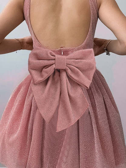 Square Neck Sleeveless Mini A-Line Party Dress with Bowknot for Homecoming or Cocktail