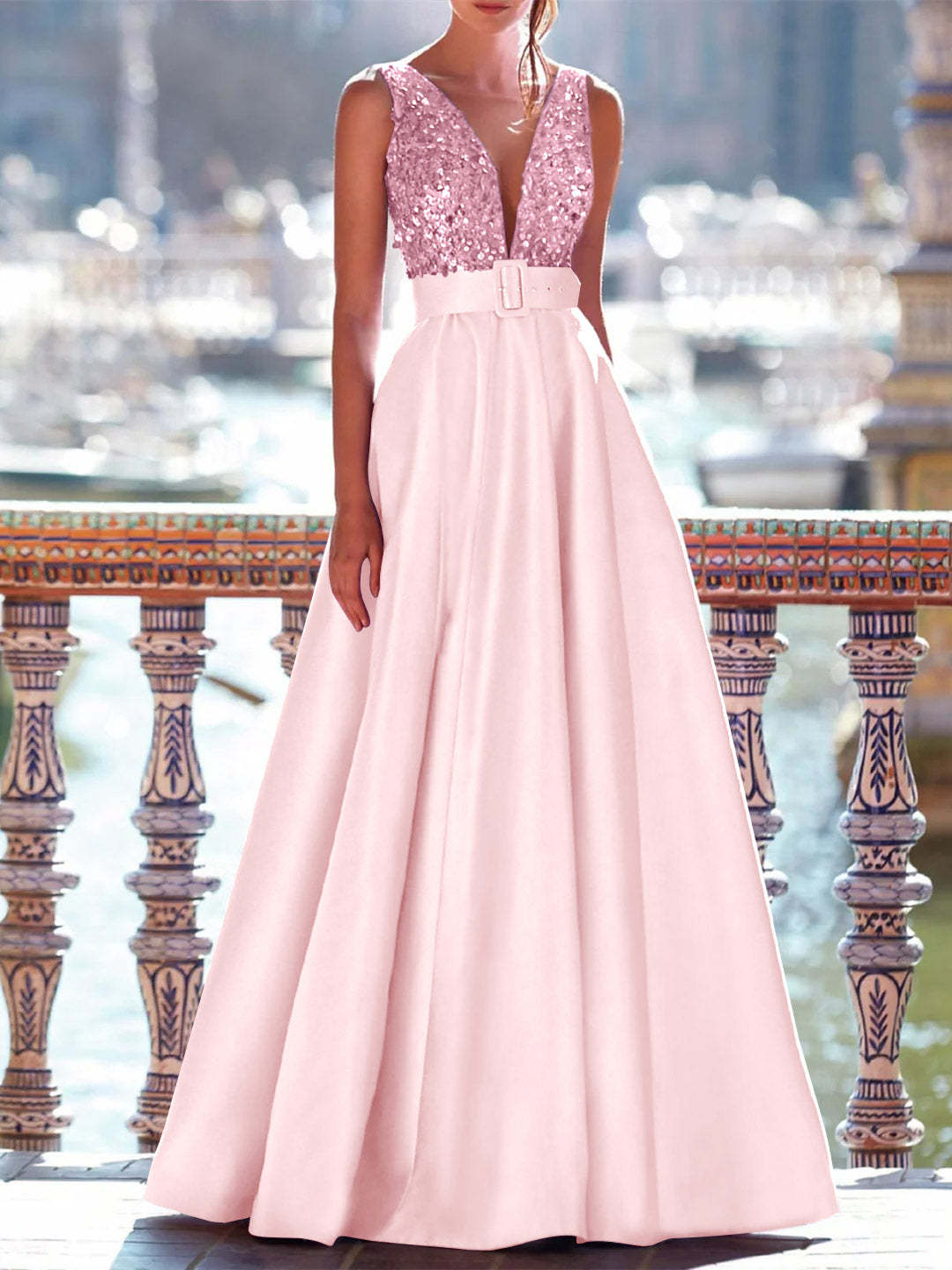 Sleeveless V-Neck A-Line Prom Dress with Pockets in Floor-Length Satin and Pearls