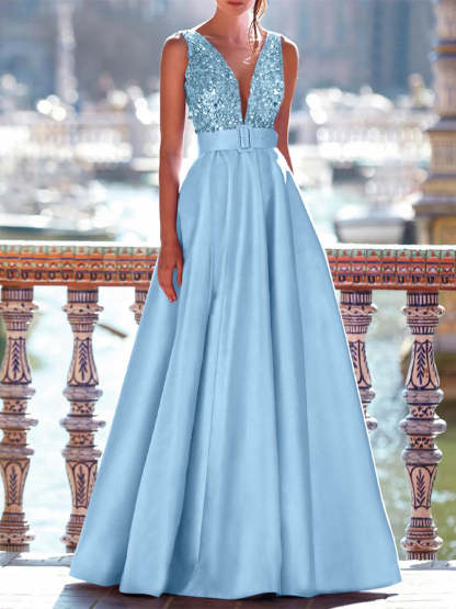 Sleeveless V-Neck A-Line Prom Dress with Pockets in Floor-Length Satin and Pearls