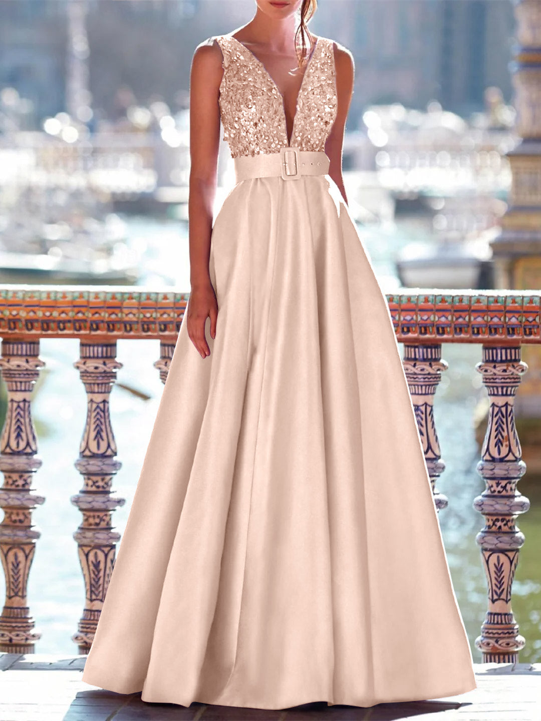 Sleeveless V-Neck A-Line Prom Dress with Pockets in Floor-Length Satin and Pearls
