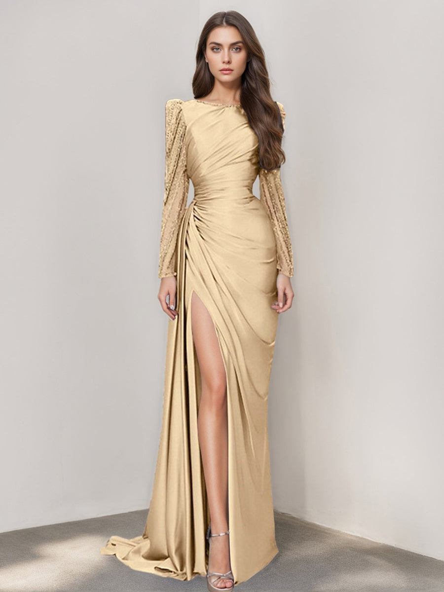 Long Sleeve Satin Prom Dress with Mermaid Train Jewel Neck and Ruched Slit