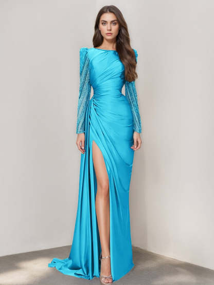 Long Sleeve Satin Prom Dress with Mermaid Train Jewel Neck and Ruched Slit