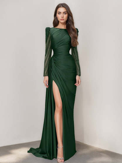 Long Sleeve Satin Prom Dress with Mermaid Train Jewel Neck and Ruched Slit
