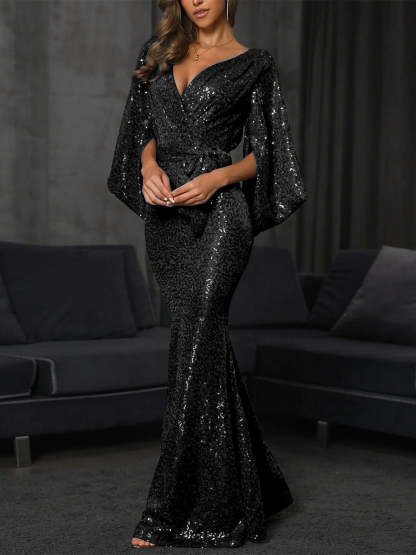 Long Sleeve V-Neck Mermaid Prom Dress with Sequins and Bow(s) Floor Length