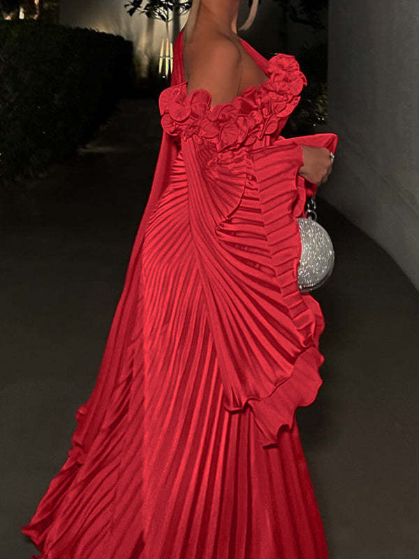 Princess A-Line Floor-Length Plus Size Evening Gown with One Shoulder and Long Sleeves