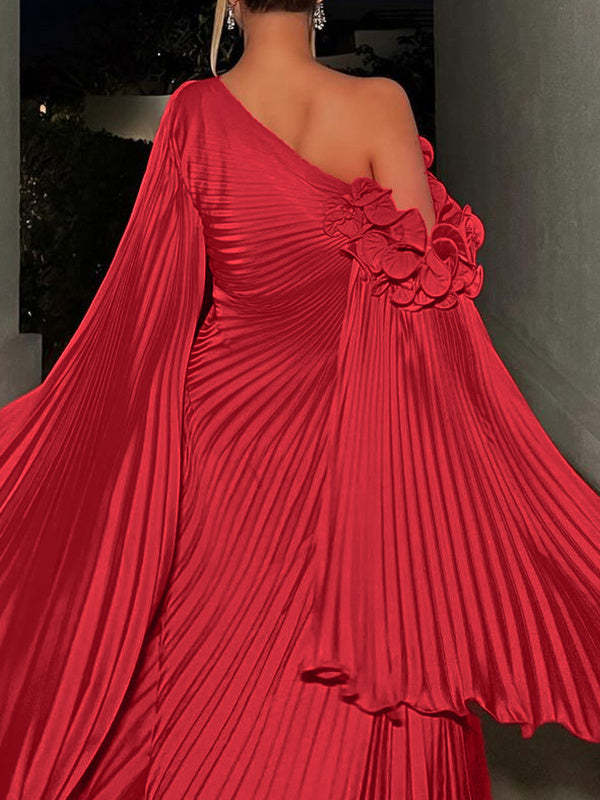 Princess A-Line Floor-Length Plus Size Evening Gown with One Shoulder and Long Sleeves