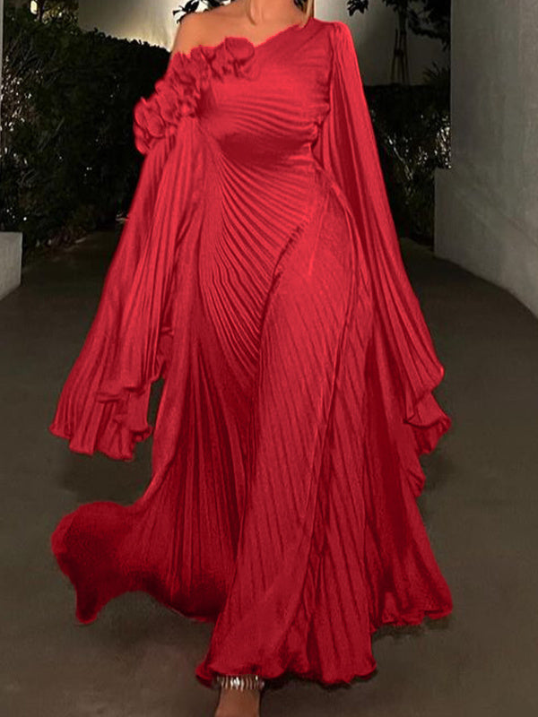 Princess A-Line Floor-Length Plus Size Evening Gown with One Shoulder and Long Sleeves