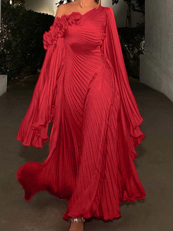 Princess A-Line Floor-Length Plus Size Evening Gown with One Shoulder and Long Sleeves