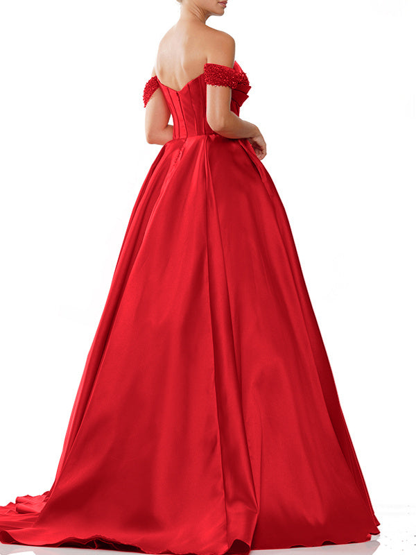 Sleeveless Off-The-Shoulder Satin Evening Gown with Sweep Train in A-Line/Princess Style