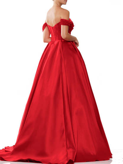 Sleeveless Off-The-Shoulder Satin Evening Gown with Sweep Train in A-Line/Princess Style