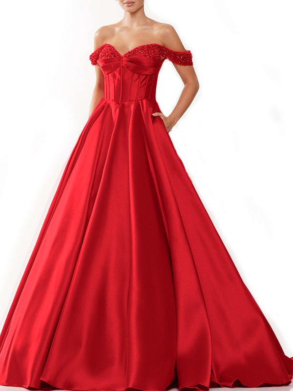 Sleeveless Off-The-Shoulder Satin Evening Gown with Sweep Train in A-Line/Princess Style