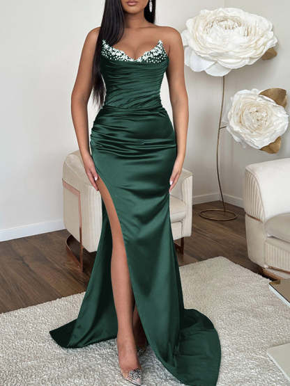 V-neck Sleeveless Evening Dress with Sheath/Column Silhouette and Sweep Train High Split