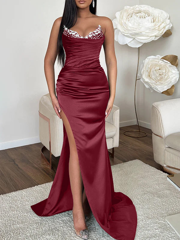 V-neck Sleeveless Evening Dress with Sheath/Column Silhouette and Sweep Train High Split