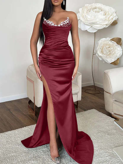 V-neck Sleeveless Evening Dress with Sheath/Column Silhouette and Sweep Train High Split
