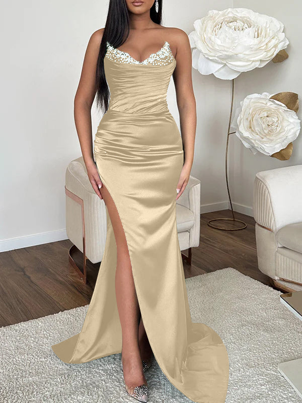 V-neck Sleeveless Evening Dress with Sheath/Column Silhouette and Sweep Train High Split