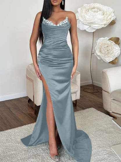 V-neck Sleeveless Evening Dress with Sheath/Column Silhouette and Sweep Train High Split