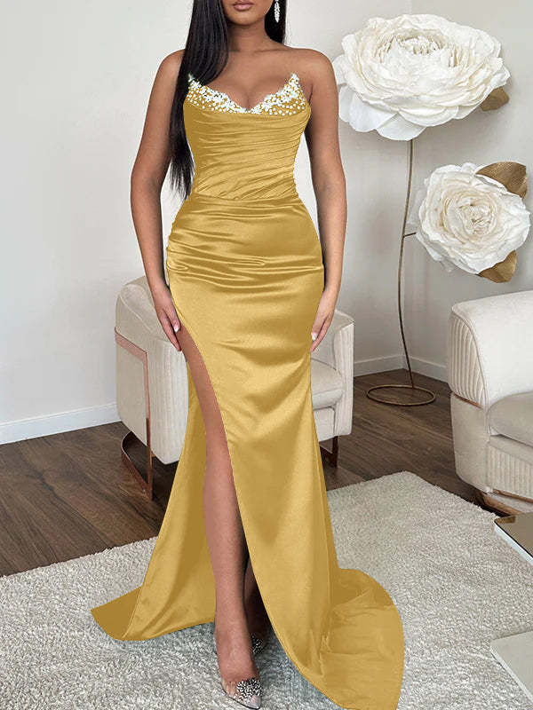 V-neck Sleeveless Evening Dress with Sheath/Column Silhouette and Sweep Train High Split