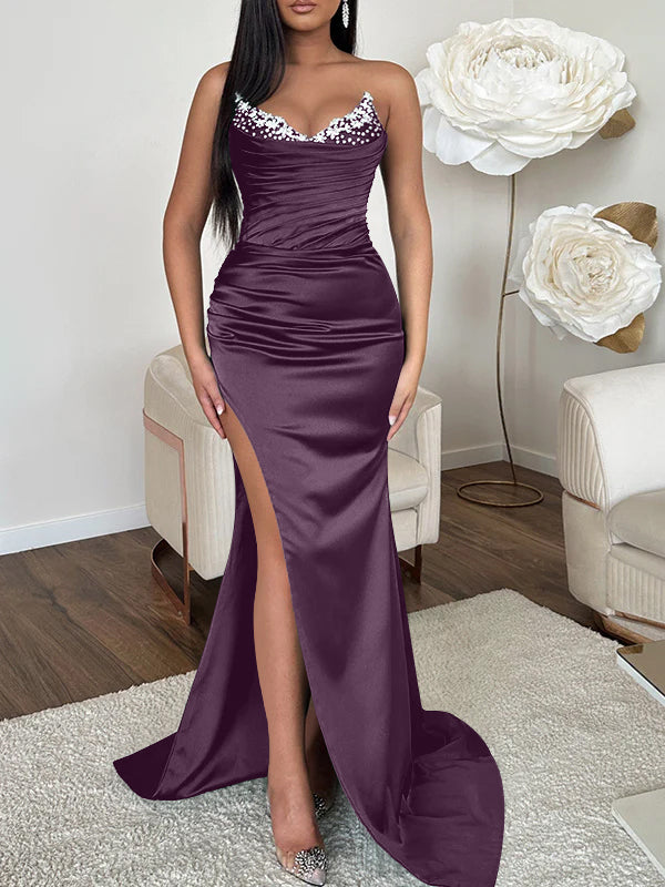 V-neck Sleeveless Evening Dress with Sheath/Column Silhouette and Sweep Train High Split