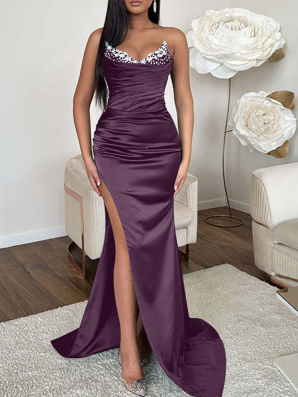 V-neck Sleeveless Evening Dress with Sheath/Column Silhouette and Sweep Train High Split