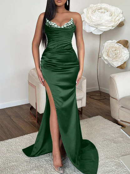 V-neck Sleeveless Evening Dress with Sheath/Column Silhouette and Sweep Train High Split