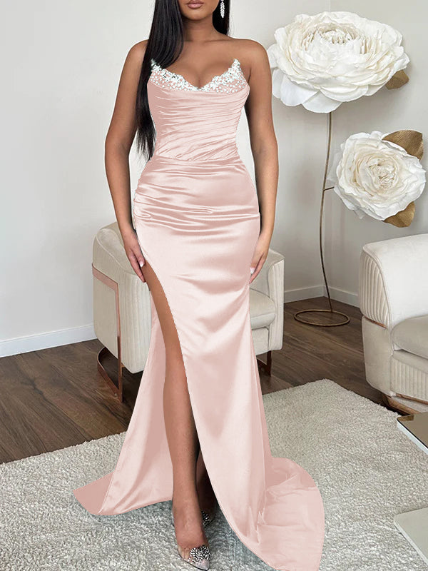 V-neck Sleeveless Evening Dress with Sheath/Column Silhouette and Sweep Train High Split
