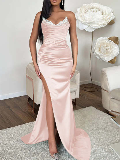 V-neck Sleeveless Evening Dress with Sheath/Column Silhouette and Sweep Train High Split