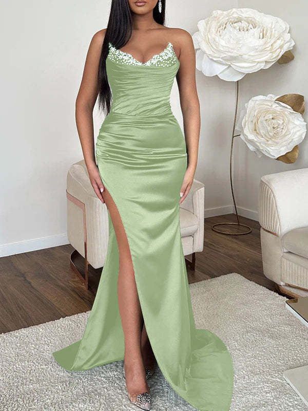 V-neck Sleeveless Evening Dress with Sheath/Column Silhouette and Sweep Train High Split