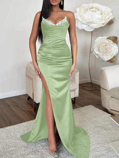 V-neck Sleeveless Evening Dress with Sheath/Column Silhouette and Sweep Train High Split