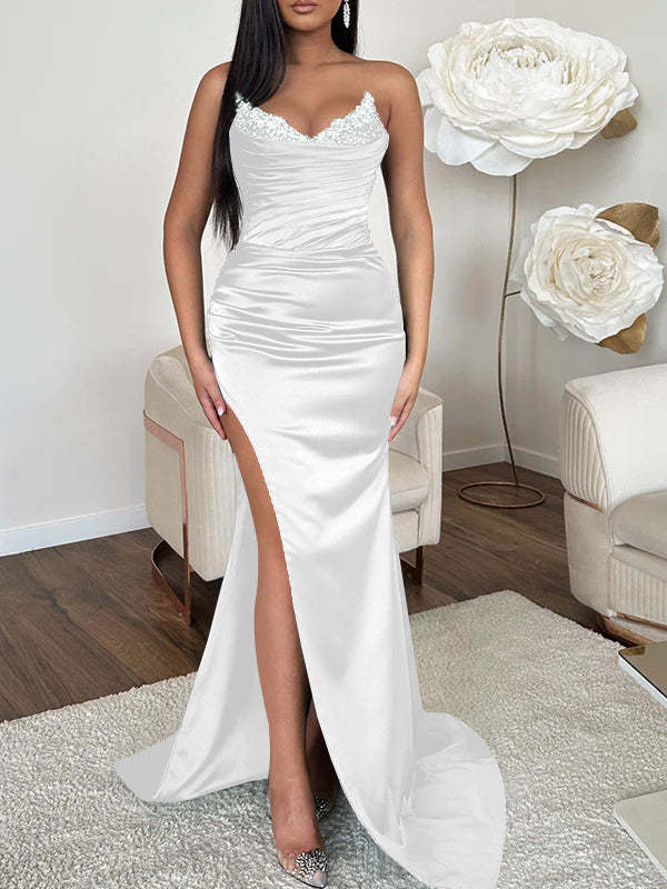 V-neck Sleeveless Evening Dress with Sheath/Column Silhouette and Sweep Train High Split