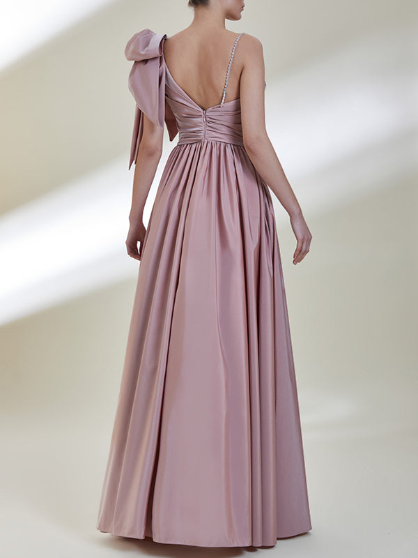 One-Shoulder A-Line Princess Evening Gown with Satin Bow and Front Split