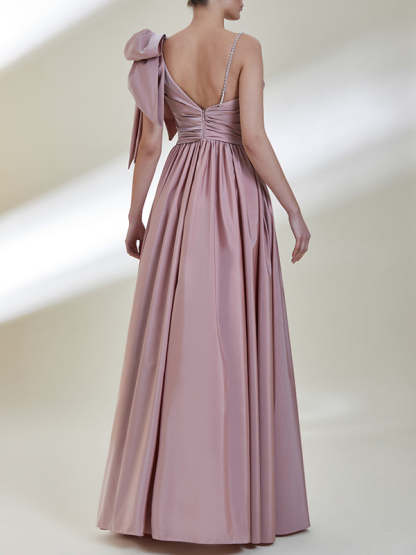 One-Shoulder A-Line Princess Evening Gown with Satin Bow and Front Split