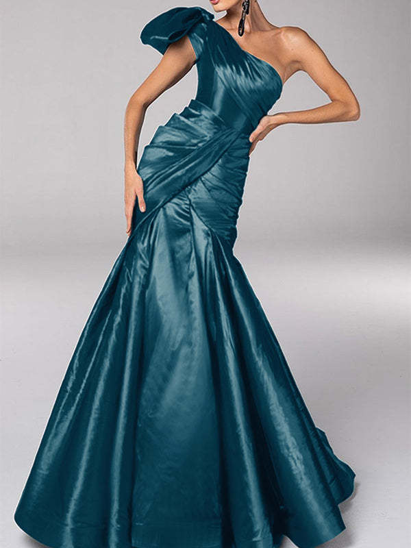 One-Shoulder Sleeveless Mermaid Evening Dress with Satin Bows and Sweep Train