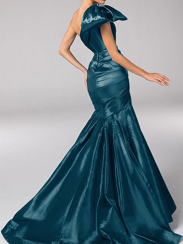 One-Shoulder Sleeveless Mermaid Evening Dress with Satin Bows and Sweep Train